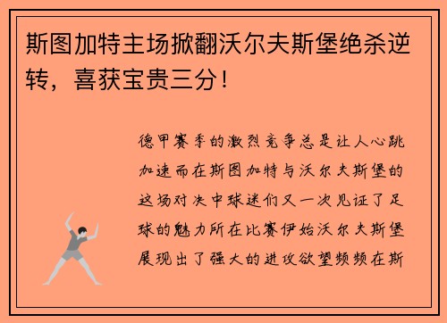 斯图加特主场掀翻沃尔夫斯堡绝杀逆转，喜获宝贵三分！