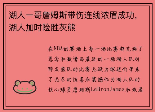 湖人一哥詹姆斯带伤连线浓眉成功，湖人加时险胜灰熊