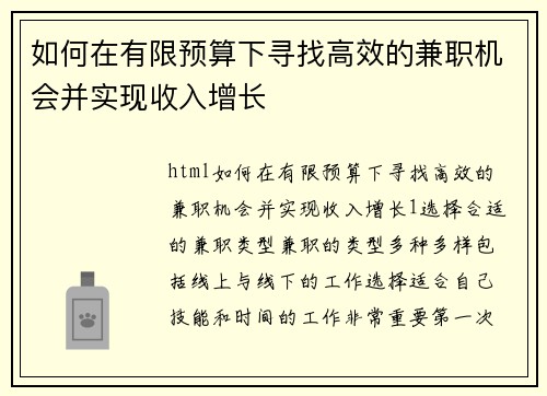 如何在有限预算下寻找高效的兼职机会并实现收入增长