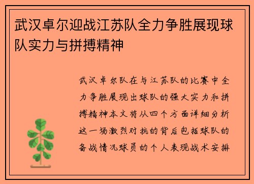 武汉卓尔迎战江苏队全力争胜展现球队实力与拼搏精神