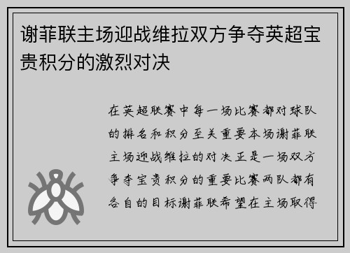 谢菲联主场迎战维拉双方争夺英超宝贵积分的激烈对决