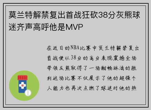 莫兰特解禁复出首战狂砍38分灰熊球迷齐声高呼他是MVP
