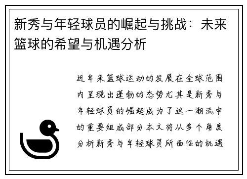 新秀与年轻球员的崛起与挑战：未来篮球的希望与机遇分析