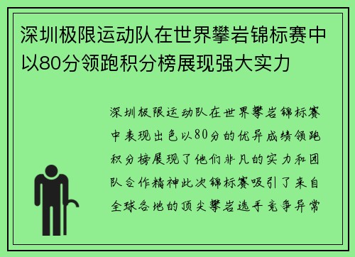 深圳极限运动队在世界攀岩锦标赛中以80分领跑积分榜展现强大实力