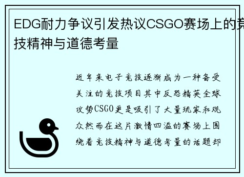 EDG耐力争议引发热议CSGO赛场上的竞技精神与道德考量