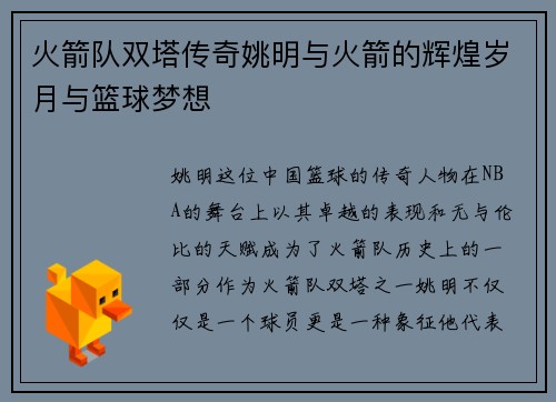火箭队双塔传奇姚明与火箭的辉煌岁月与篮球梦想