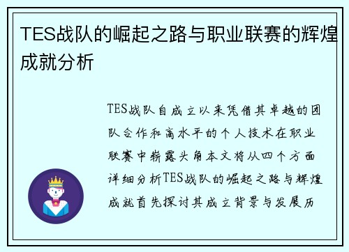 TES战队的崛起之路与职业联赛的辉煌成就分析